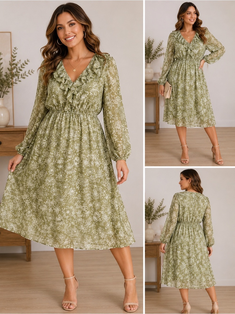 Joie Green Floral Ruffle Midi Dress Size Large Boho Cottagecore
